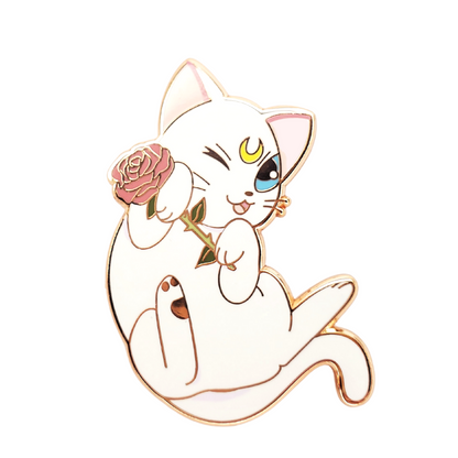 Hard Enamel Pin : Moon Cat with rose